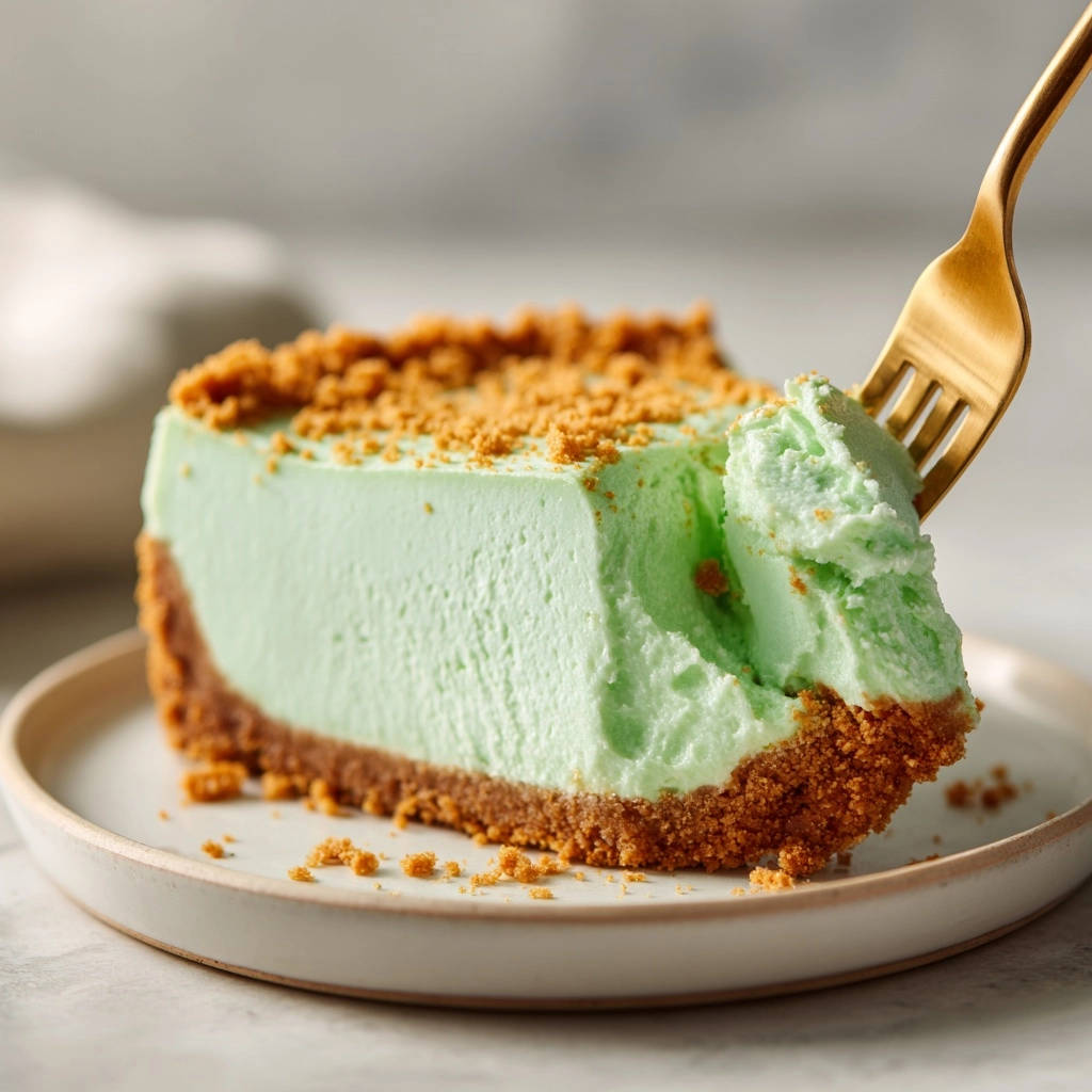 Limetten-Keks-Torte angeschnitten mit einer goldenen Gabel, die ein Stück aus der cremigen Torte hebt.