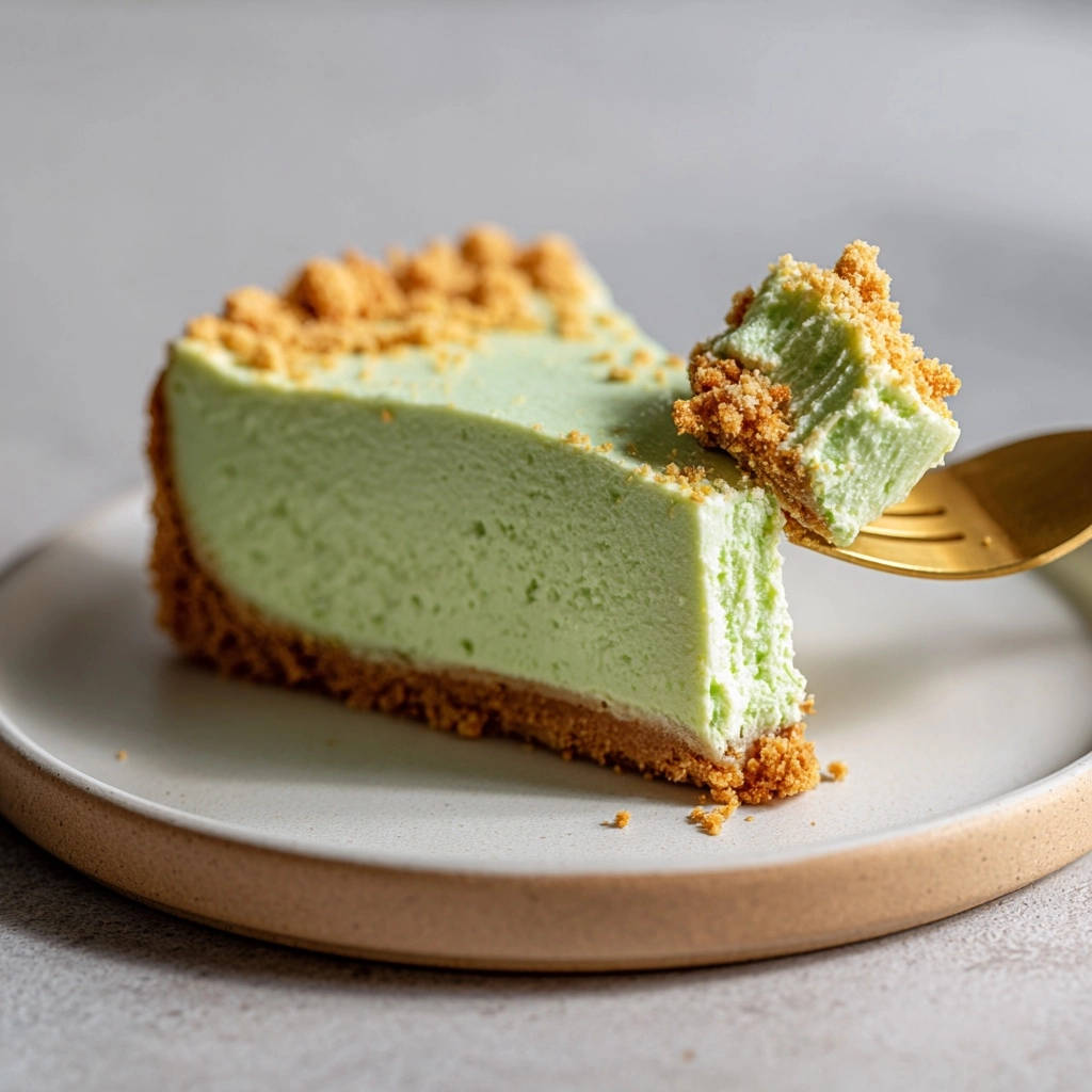 Limetten-Keks-Torte: Eine angeschnittene Scheibe mit einer Gabel, die ein Stück vom cremigen Kuchen entnimmt und mit Keksbröseln bestreut ist.
