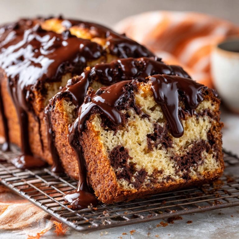 Saftiger Marmorkuchen angeschnitten mit glänzender Schokoladenglasur, die über die Scheiben tropft.