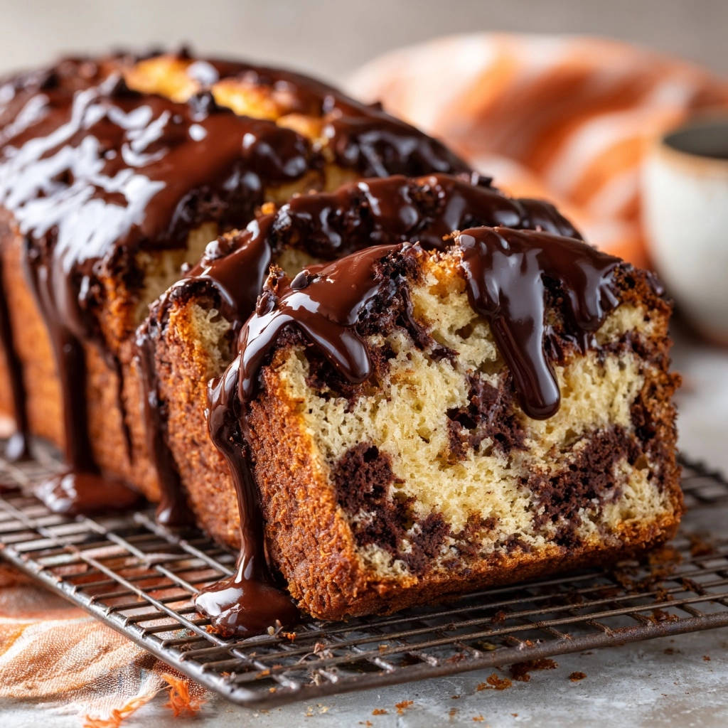 Saftiger Marmorkuchen angeschnitten mit glänzender Schokoladenglasur, die über die Scheiben tropft.