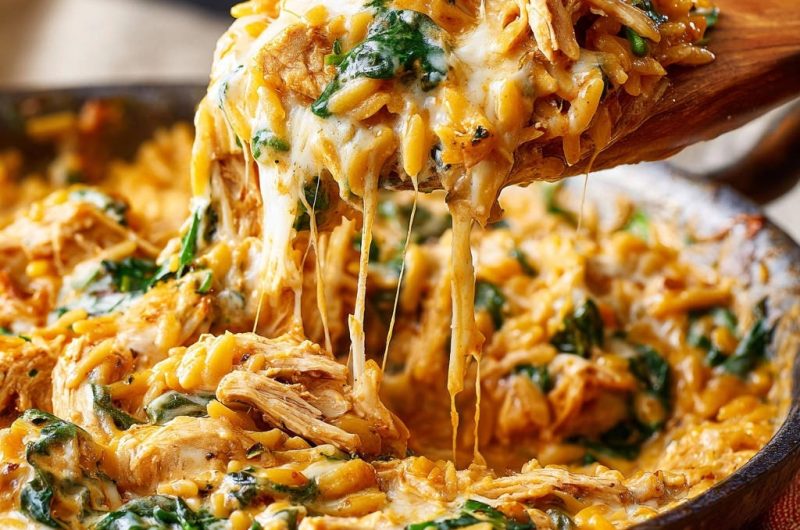 Cremiges One-Pan Hähnchen Orzo mit Spinat
