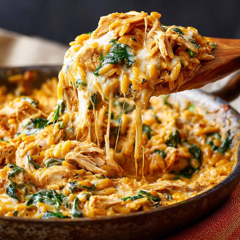 Cremiges One-Pan Hähnchen Orzo mit Spinat, das mit geschmolzenem Käse von einem Holzlöffel gezogen wird.