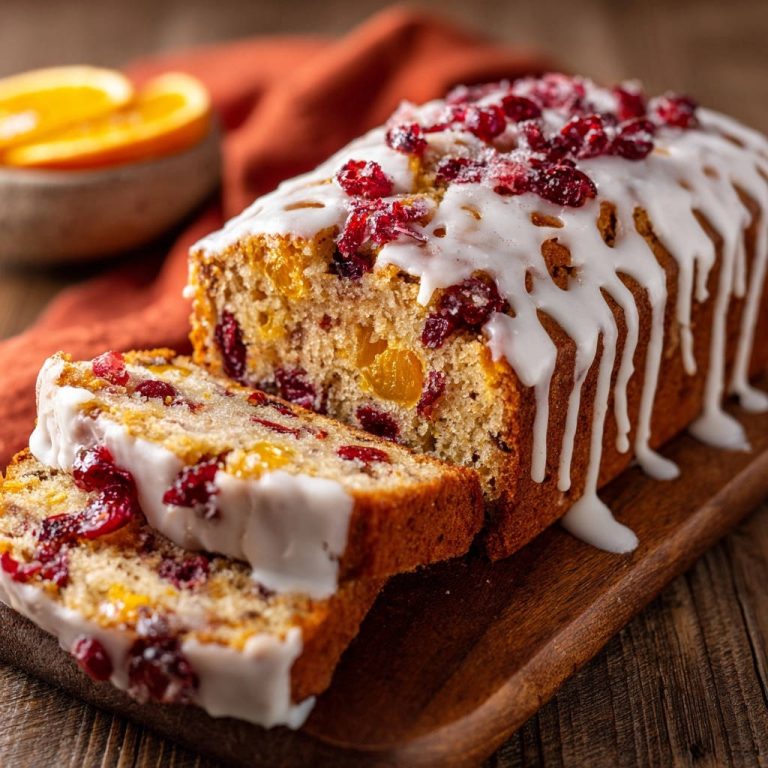 Orangen-Cranberry-Kuchen angeschnitten auf einem Holzbrett mit Glasur und Cranberries garniert, Nahaufnahme der saftigen Textur