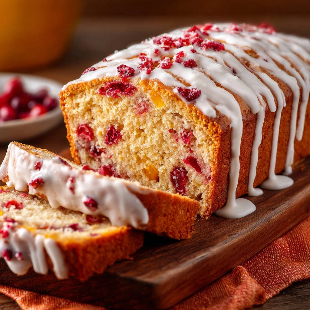 Orangen-Cranberry-Kuchen angeschnitten mit weißer Glasur und roten Cranberries auf einem Holzbrett