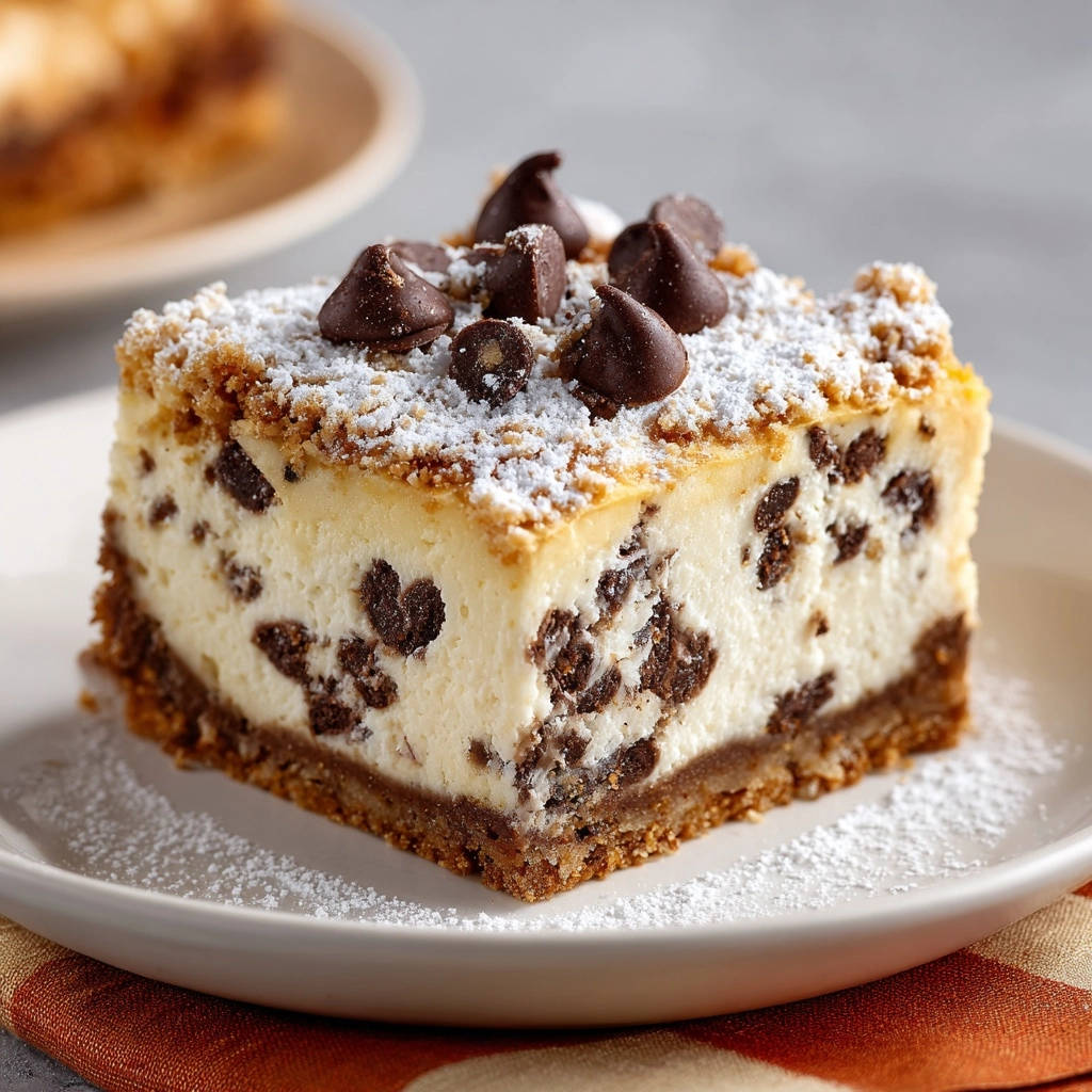 Cremige Oreo-Schoko-Käsekuchen-Riegel, angeschnitten auf einem Teller mit Puderzucker bestäubt und Schokostückchen garniert.