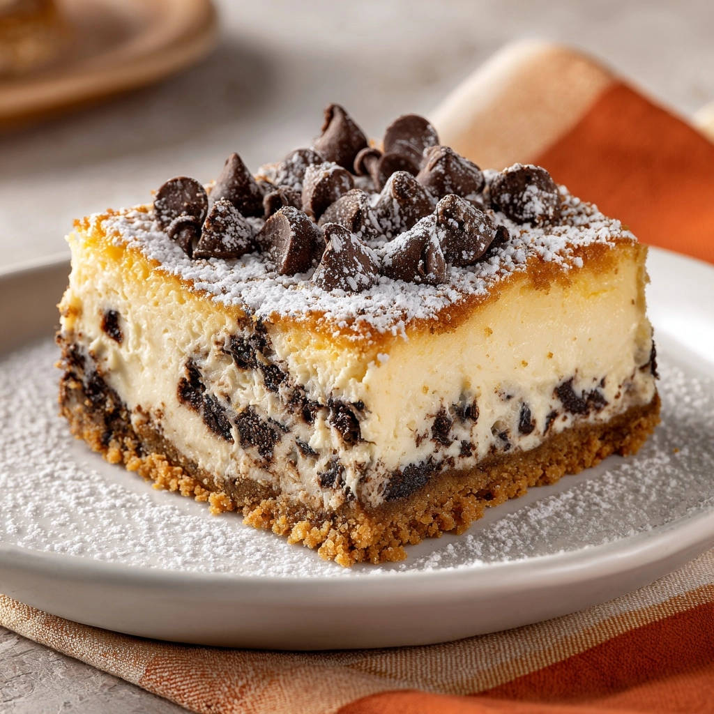 Cremige Oreo-Schoko-Käsekuchen-Riegel angeschnitten mit Schokostückchen und Puderzucker bestreut