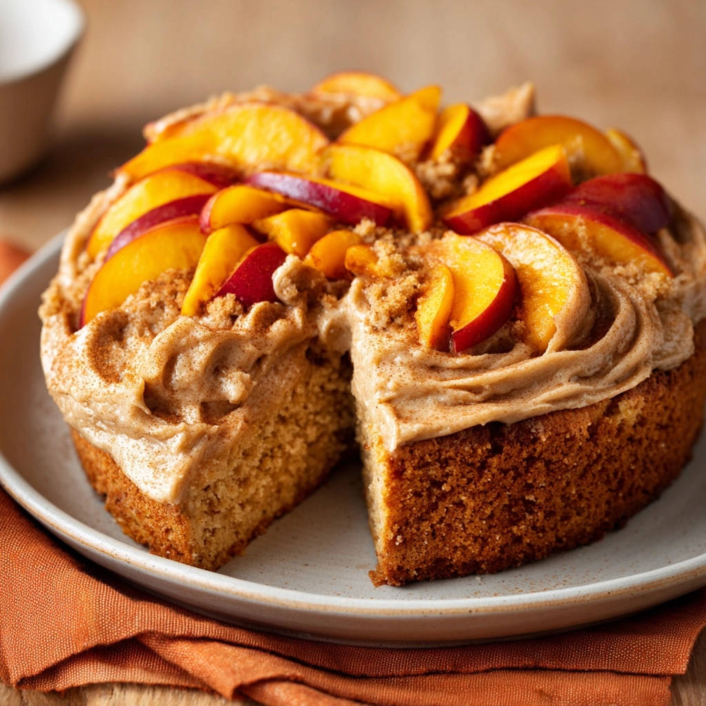 Saftiger Pfirsich-Streuselkuchen mit Zimtcreme angeschnitten, zeigt die saftige Kuchenkrume und die cremige Zimtglasur mit Pfirsichscheiben.