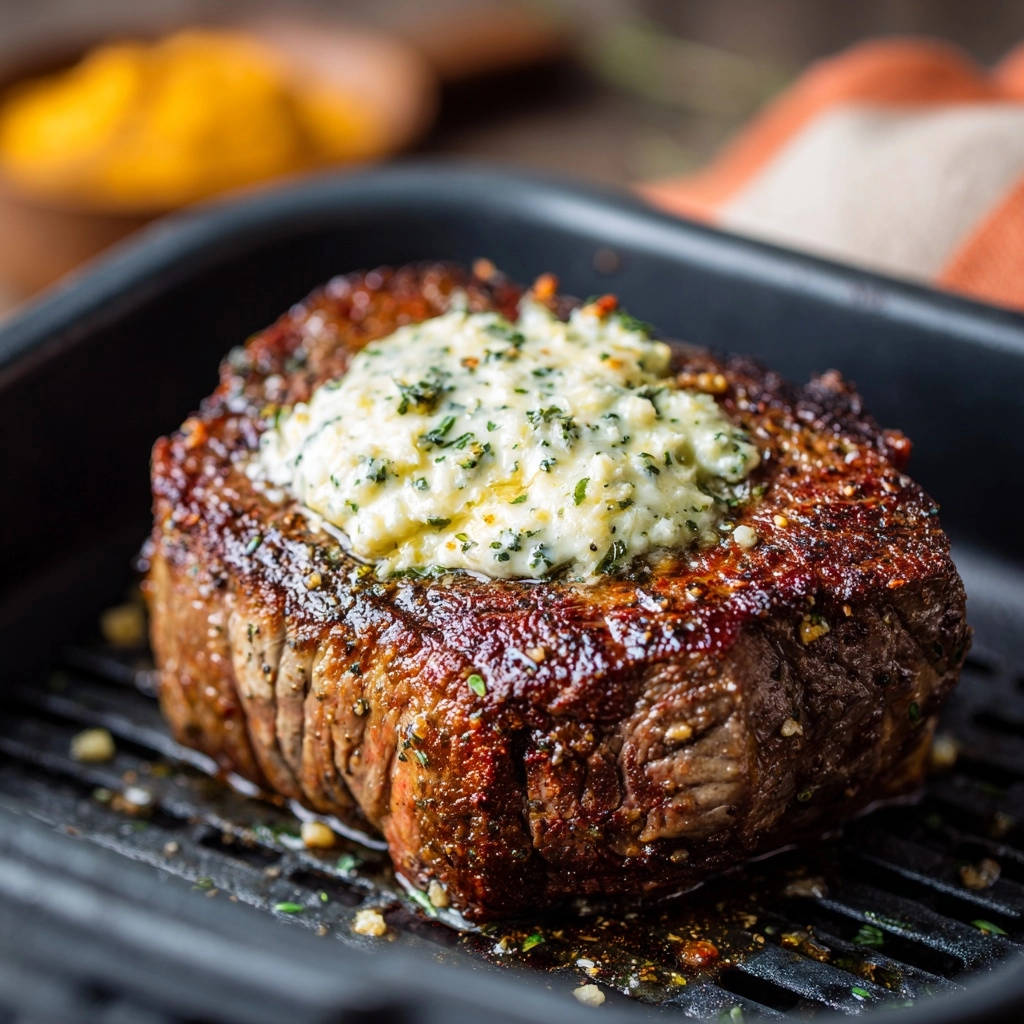 Perfektes Ribeye Steak aus der Pfanne mit geschmolzener Kräuterbutter als Topping, Nahaufnahme.