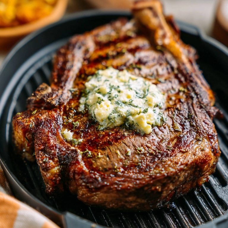 Perfektes Ribeye Steak aus der Pfanne mit zerlaufender Kräuterbutter, nahaufnahme