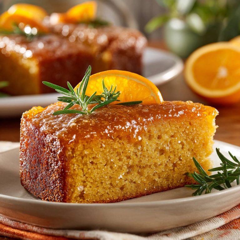 Saftiger Orangen-Rosmarin-Kuchen als angeschnittene Scheibe mit Glasur und Rosmarin garniert