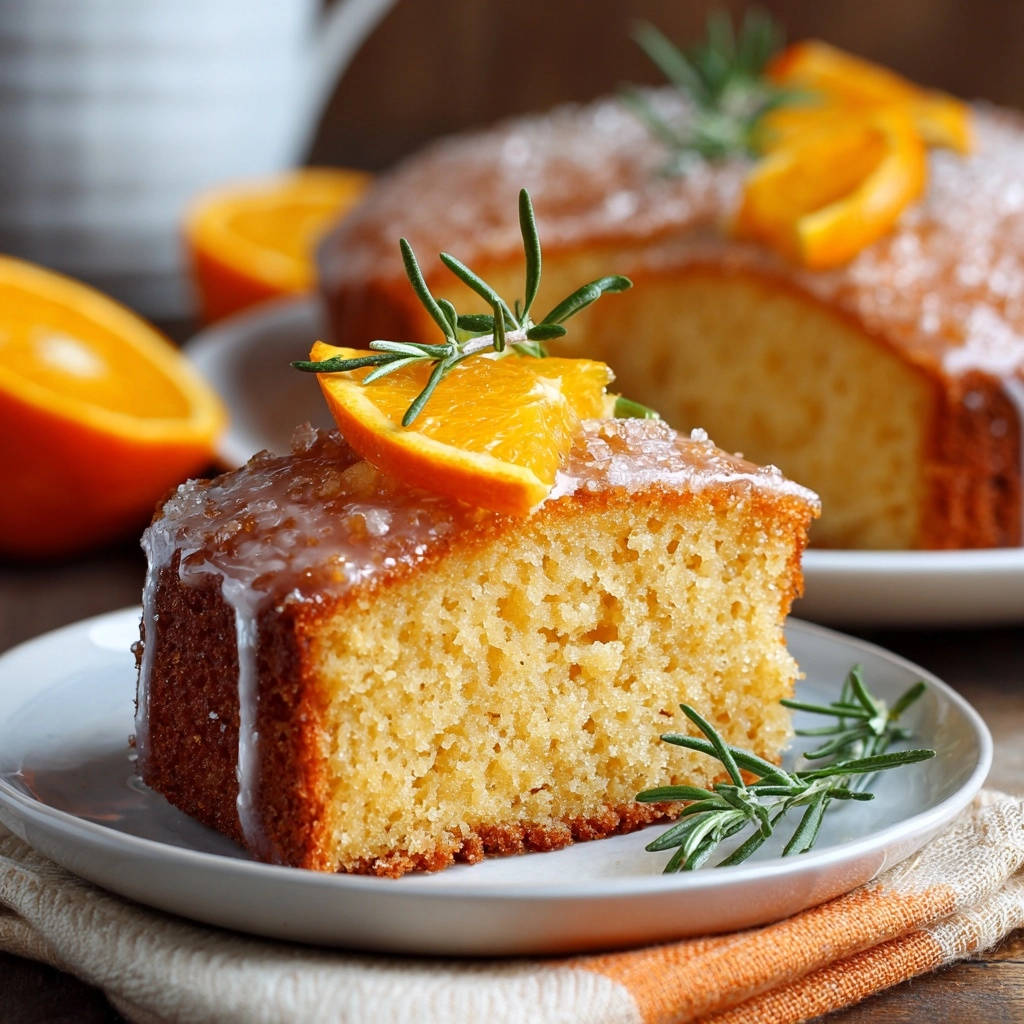 Saftiger Orangen-Rosmarin-Kuchen angeschnittenes Stück mit frischer Orange und Rosmarin garniert auf einem Teller