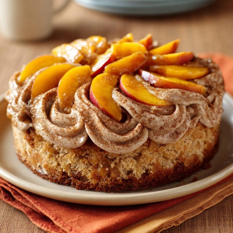 Saftiger Pfirsich-Streuselkuchen mit Zimtcreme, garniert mit Pfirsichscheiben und Zimtwirbel aus Creme.