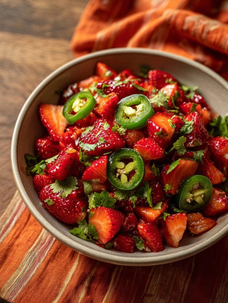 Scharfe Erdbeer-Salsa mit frischen Erdbeerscheiben, Jalapeno-Ringen und Koriander in einer Schüssel, Nahaufnahme