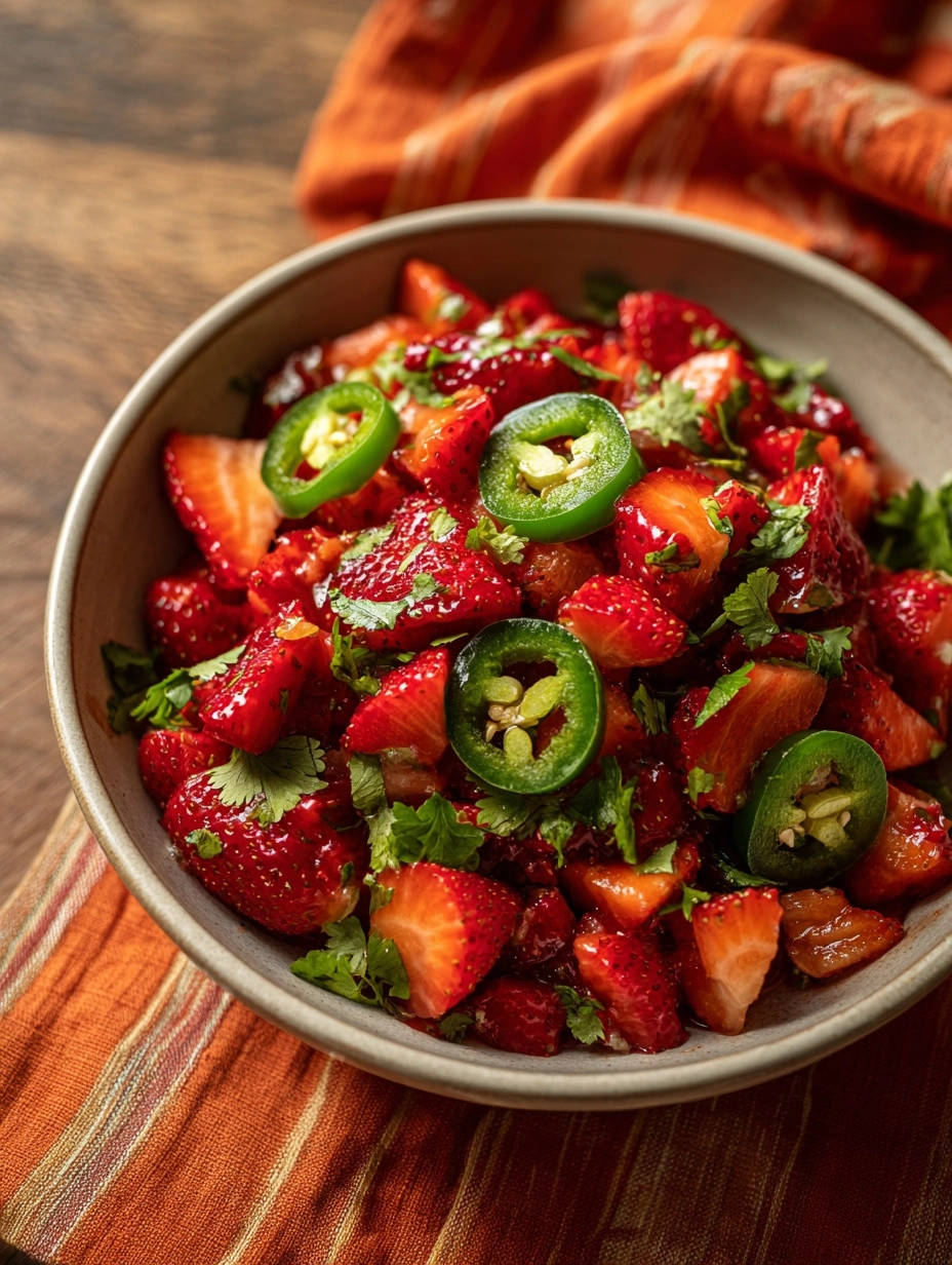Scharfe Erdbeer-Salsa mit frischen Erdbeerscheiben, Jalapeno-Ringen und Koriander in einer Schüssel, Nahaufnahme