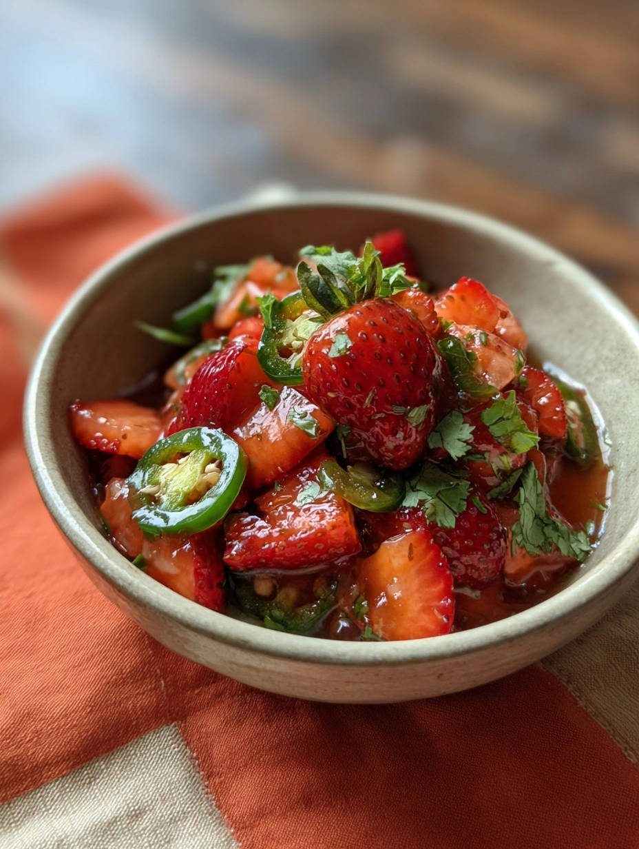 Scharfe Erdbeer-Salsa als Nahaufnahme in einer Schale mit frischen Erdbeeren, Jalapeños und Koriander.