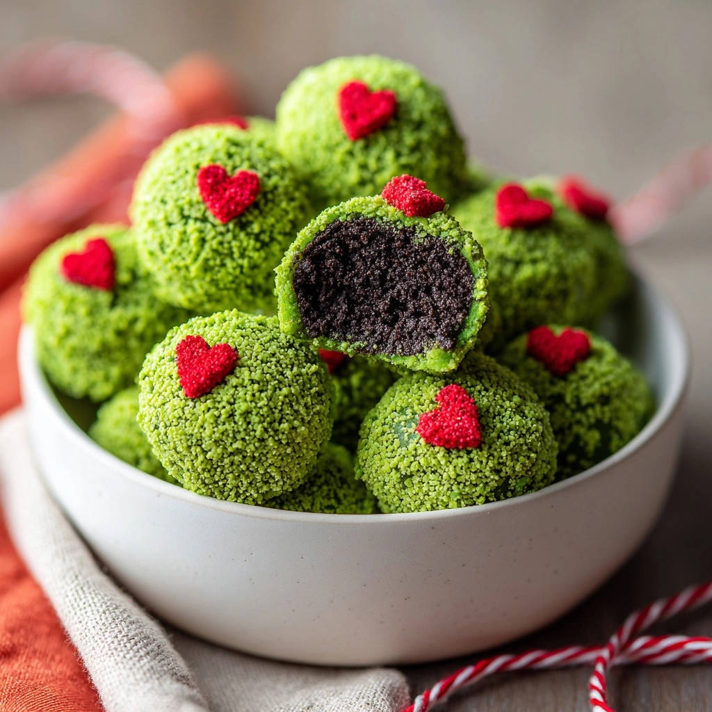 Weihnachtliche Schoko-Glücksbällchen angeschnitten, die saftige dunkle Innenseite mit grüner Kokos-Hülle und roten Herzen sind gut sichtbar.