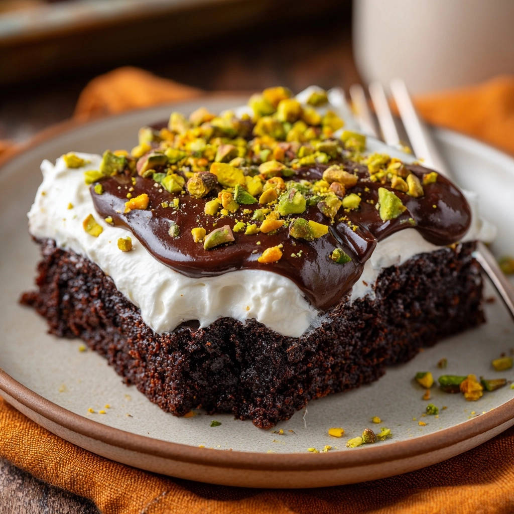 Ein Stück Schoko-Pistazien-Kuchen mit Schokoladenglasur und gehackten Pistazien garniert, Ansicht von der Seite.