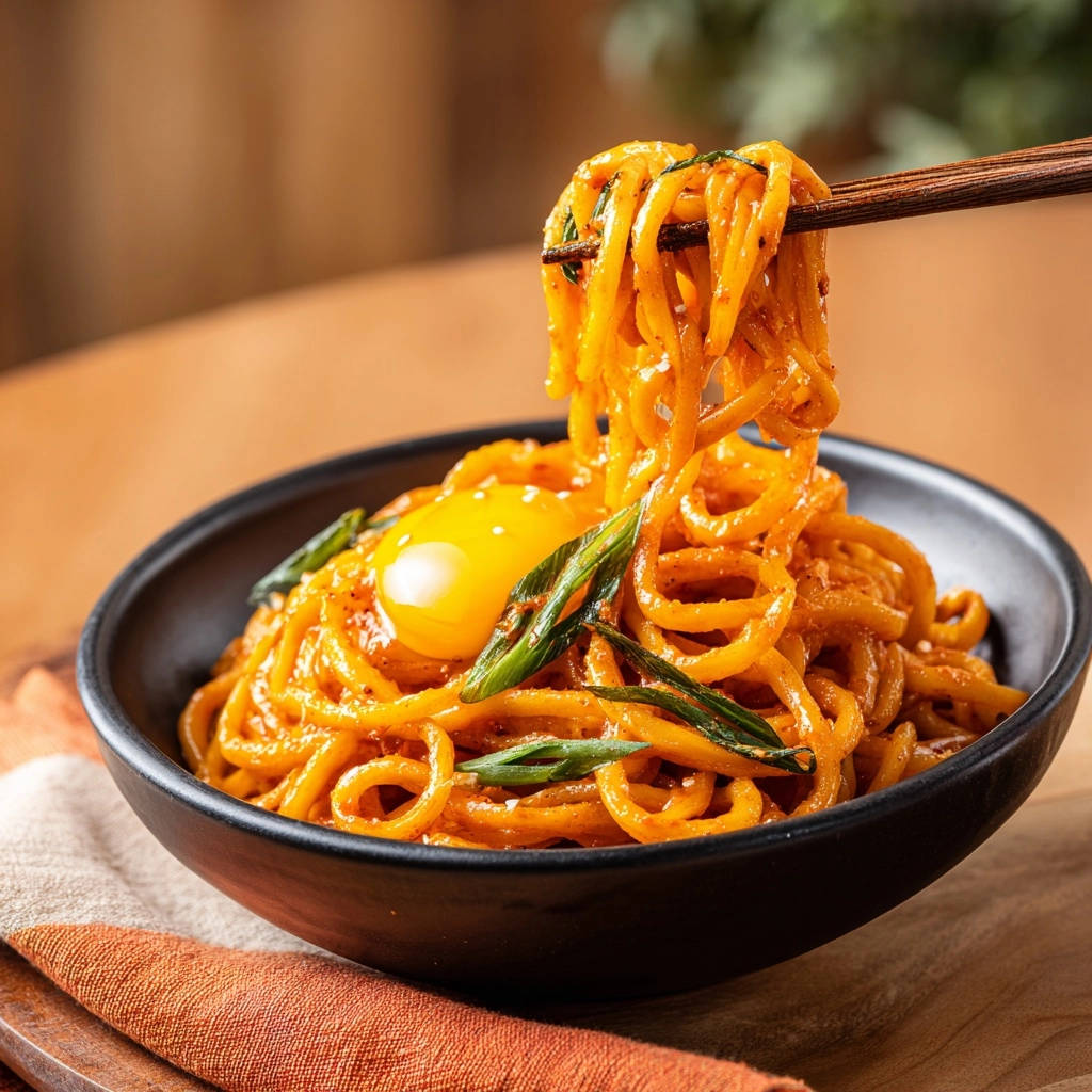 Seidige Udon-Nudeln mit Chili-Sesam-Soße, nah aufgenommen mit einem rohen Ei und Frühlingszwiebeln.