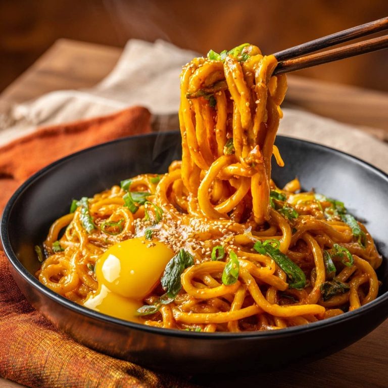 Seidige Udon-Nudeln mit Chili-Sesam-Soße, serviert mit einem rohen Eigelb und garniert mit Frühlingszwiebeln.