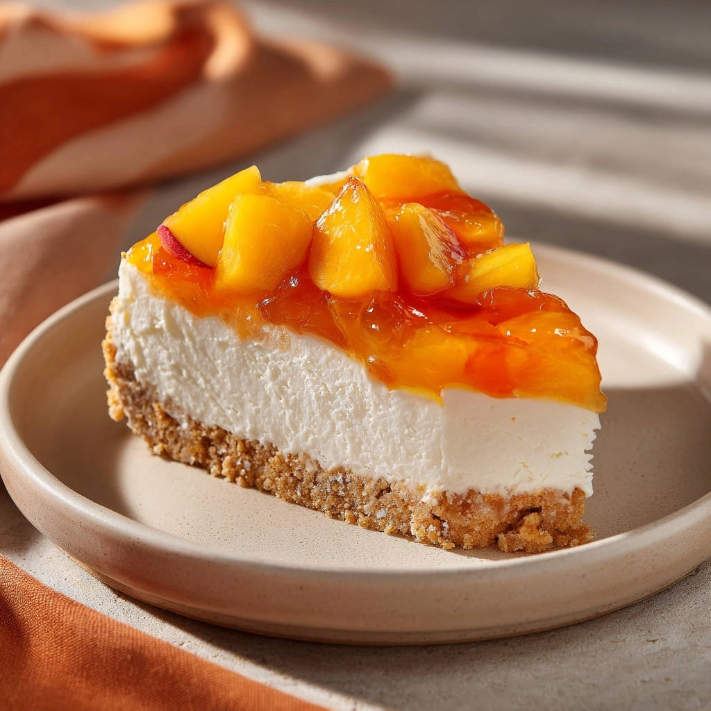 Sommerlicher Mango-Cheesecake ohne Backen, angeschnitten auf einem Teller mit frischen Mangostücken und Gelee.