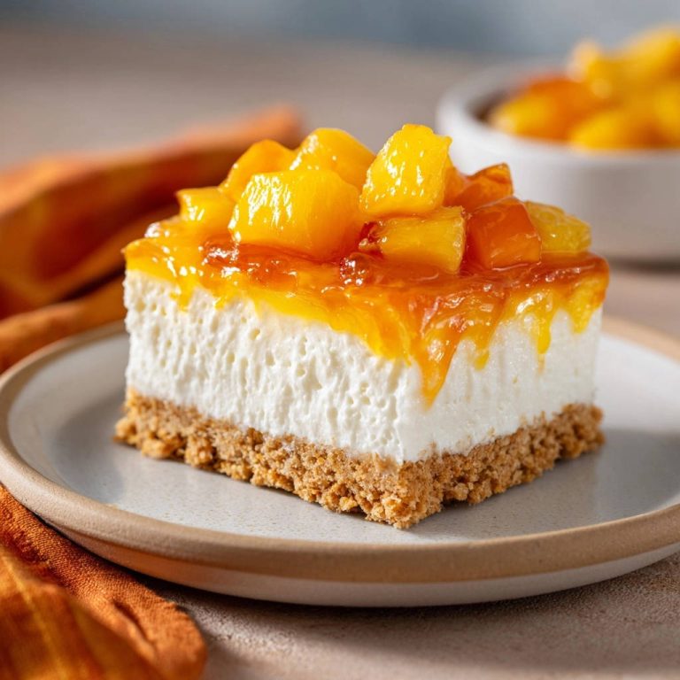 Sommerlicher Mango-Cheesecake ohne Backen als Nahaufnahme eines angeschnittenen Stücks auf einem Teller mit Mangostücken und Gelee.