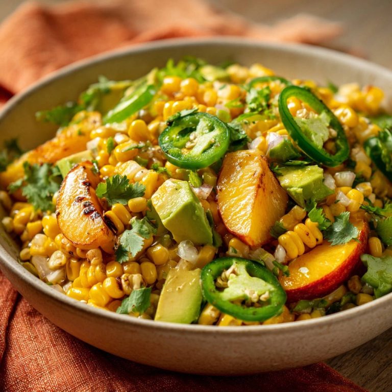 Sommersalat mit gegrilltem Pfirsich und Mais, eine Nahaufnahme, die die frischen Zutaten wie Avocado und Jalapeño zeigt.