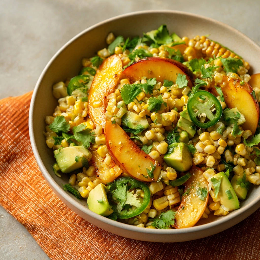 Sommersalat mit gegrilltem Pfirsich und Mais, Nahaufnahme der frischen Zutaten wie Avocado, Jalapeño und Koriander.