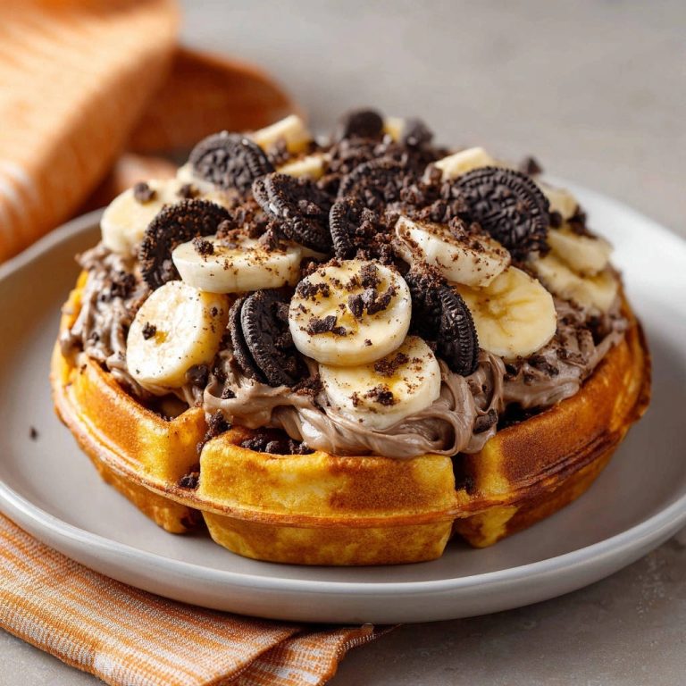Süße Waffel-Verführung mit Banane und Keks-Crunch, nahaufnahme der fluffigen und knusprigen Garnitur.