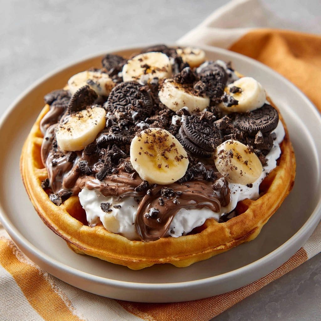 Süße Waffel-Verführung mit Banane und Keks-Crunch, üppig garniert mit Sahne, Schokolade und Keksstückchen.