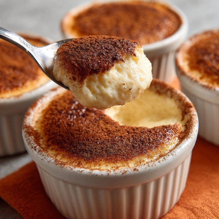 Himmlisches Vanille-Schmelz-Dessert, eine Löffelportion mit Kakaopulver bestreut, nahaufnahme