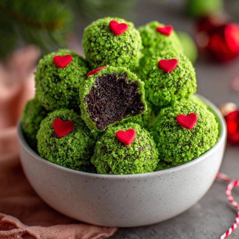 Weihnachtliche Schoko-Glücksbällchen angeschnitten, die saftige und formstabile Schokoladenfüllung im grünen Überzug offenbarend.