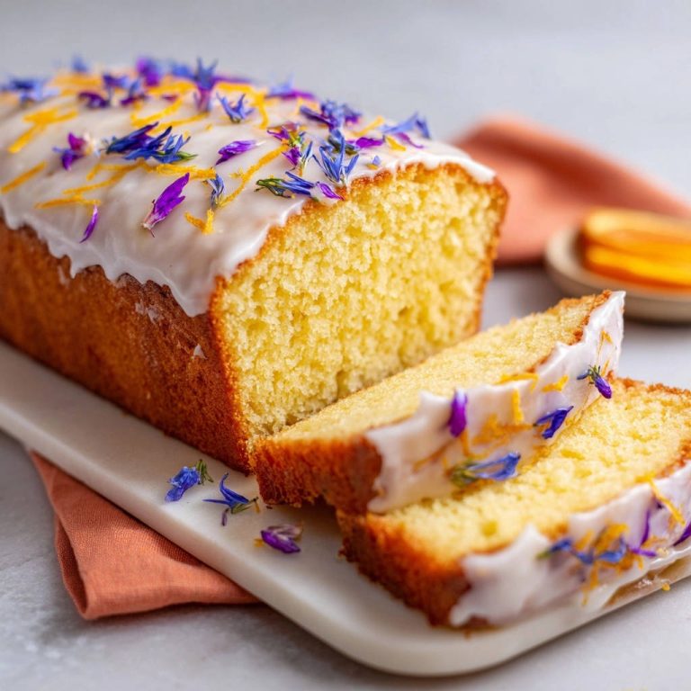 Saftiger Zitronen-Rührkuchen mit Blütenpracht, angeschnitten und mit essbaren Blüten und Orangenzesten garniert.