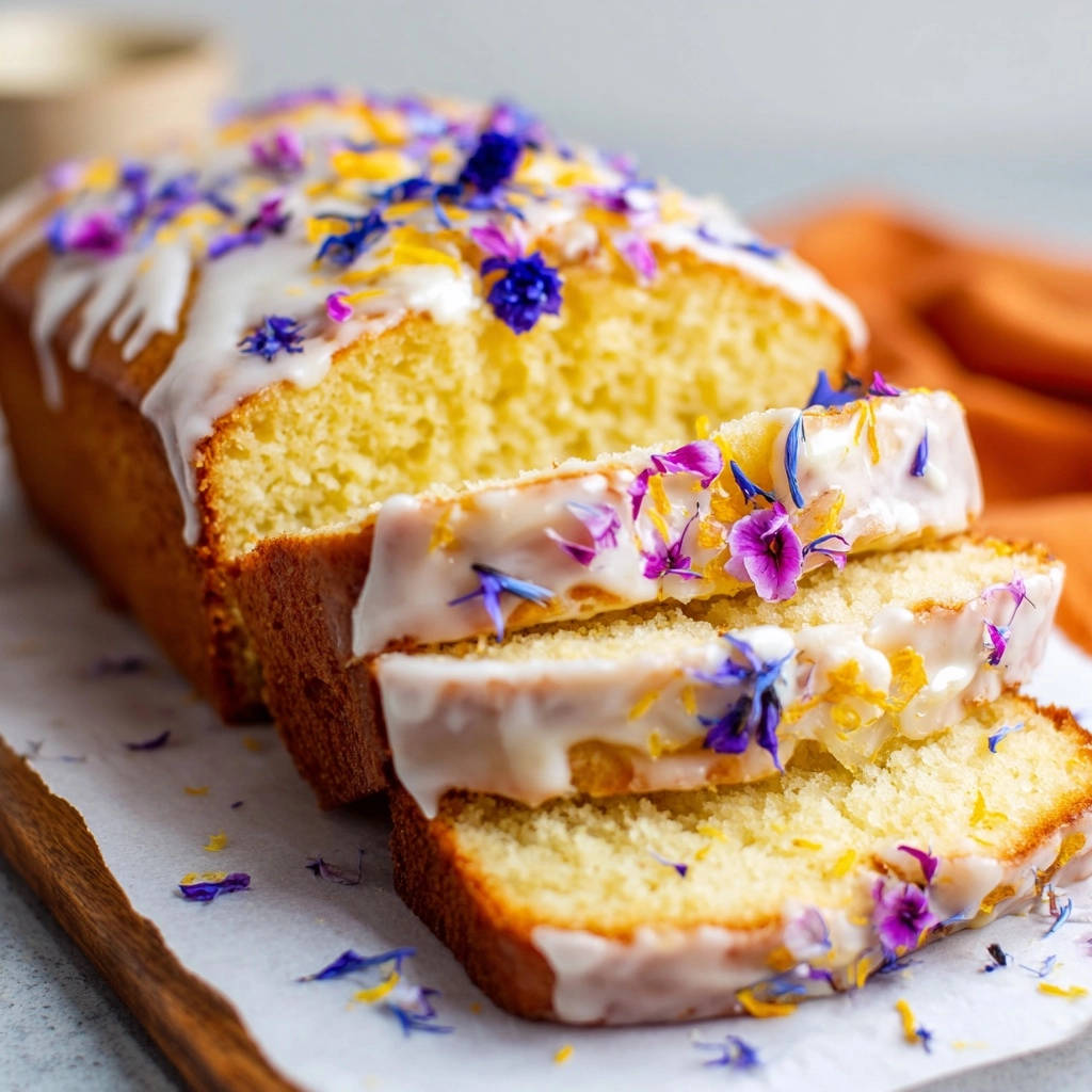 Saftiger Zitronen-Rührkuchen mit Blütenpracht, angeschnitten und mit Zuckerguss und essbaren Blüten garniert