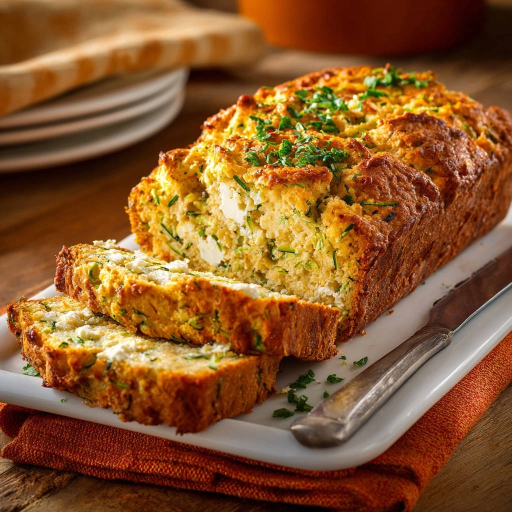 Herzhaftes Zucchini-Feta-Brot, angeschnitten und auf einem Teller serviert, mit sichtbaren Feta-Stücken und Zucchini im Inneren.
