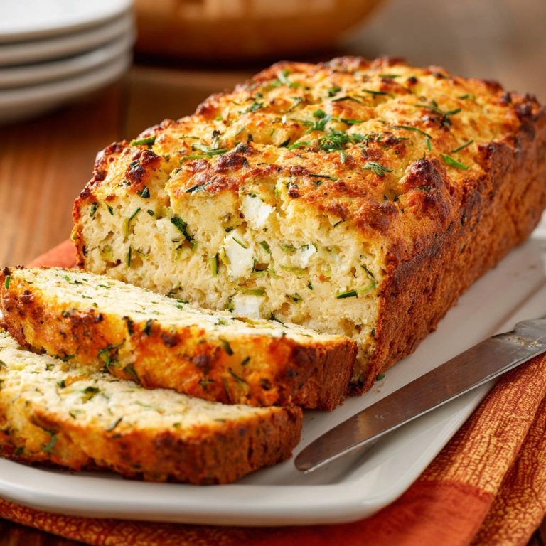 Herzhaftes Zucchini-Feta-Brot angeschnitten auf einem Teller, mit sichtbaren Zucchini- und Feta-Stücken im Inneren.