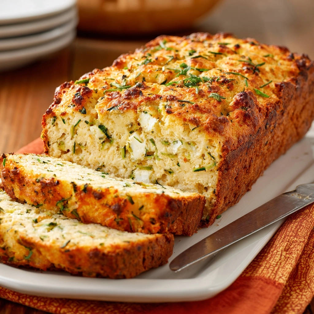 Herzhaftes Zucchini-Feta-Brot angeschnitten auf einem Teller, mit sichtbaren Zucchini- und Feta-Stücken im Inneren.