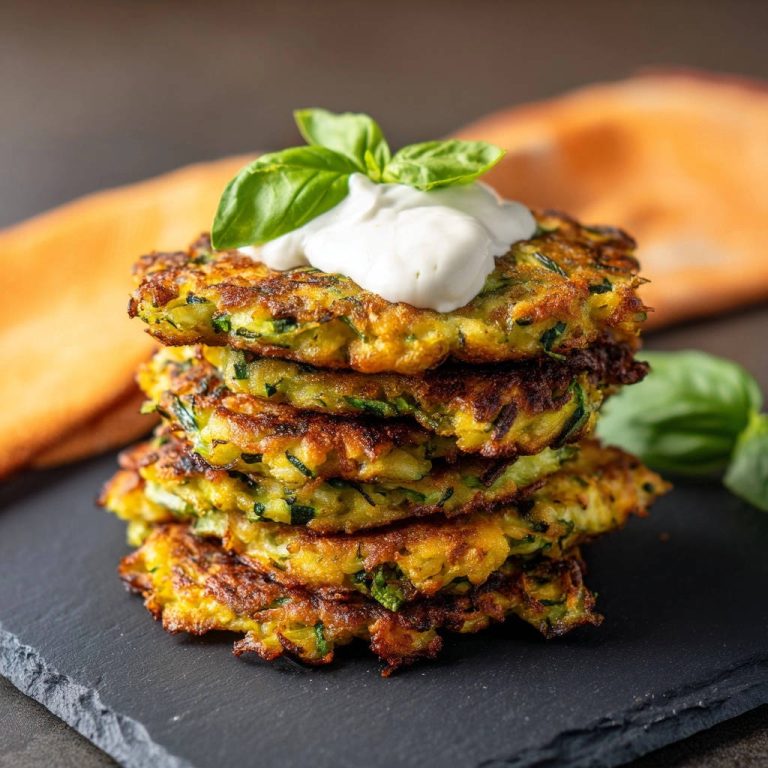 Zucchini-Puffer gestapelt und mit einem Klecks Sour Cream und Basilikum garniert, unwiderstehlich knusprig zubereitet.