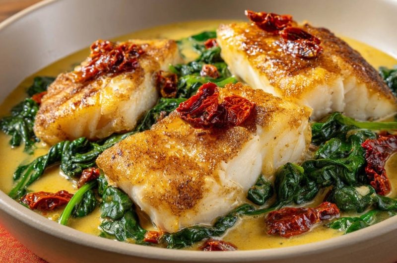 Gebratenes Fischfilet auf Rahmspinat mit sonnengetrockneten Tomaten