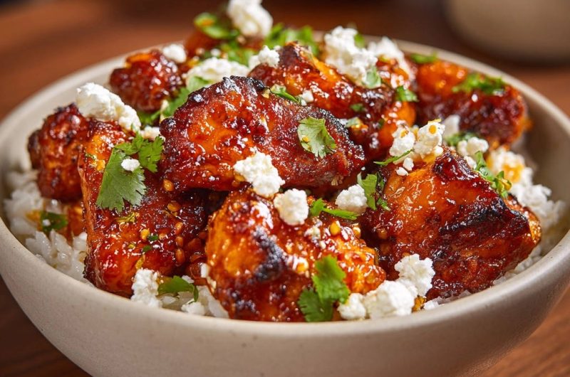 Glasierte Knusper-Hähnchen-Bites auf Reis