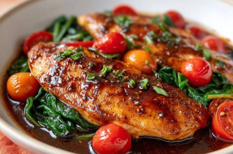 Glasiertes Hähnchen mit Kirschtomaten und Spinat