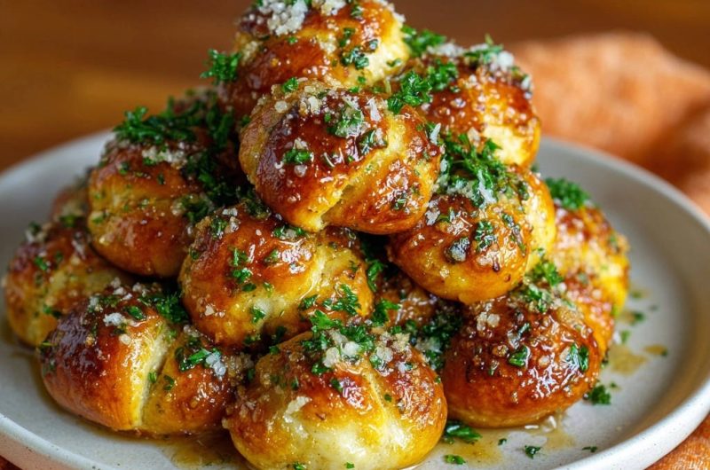 Goldene Knoblauchknoten mit Petersilie und Parmesan