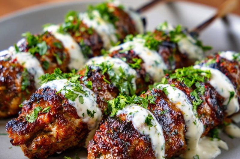 Saftige Hackfleisch-Spieße mit Kräuter-Joghurt