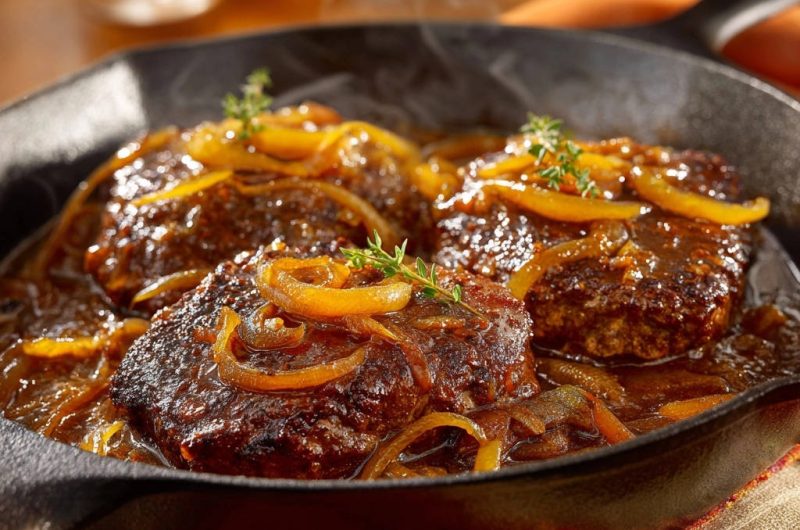 Saftige Hacksteaks in goldener Zwiebelsoße
