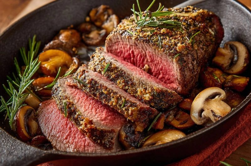 Saftiger Rinderbraten mit Kräuterkruste und Ofenpilzen