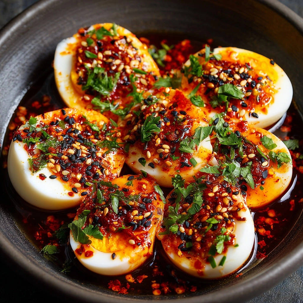 Asiatische Chili-Eier, halbiert und mit einer würzigen Sauce, Sesam und frischer Petersilie garniert, in einer Schüssel serviert.