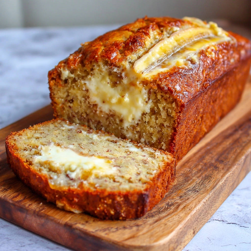 Saftiges Bananenbrot mit Frischkäse-Swirl im Anschnitt, das cremige Innere und die goldbraune Kruste sind gut sichtbar.