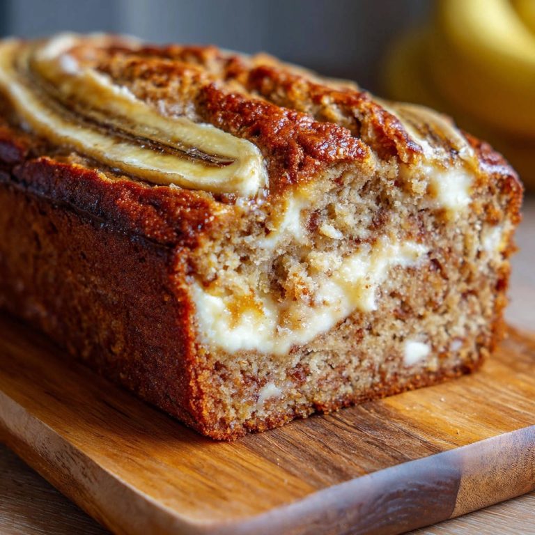 Saftiges Bananenbrot mit Frischkäse-Swirl im Anschnitt, das cremige Innere und die Bananen auf der Kruste sind deutlich zu sehen.
