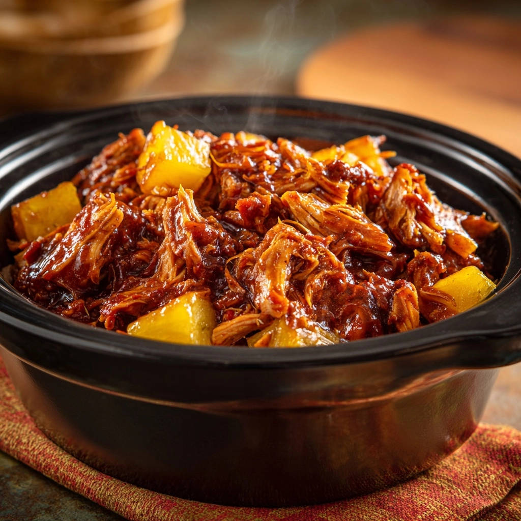 Saftiges BBQ Pulled Hähnchen mit Ananas heiss dampfend in einem schwarzen Topf serviert