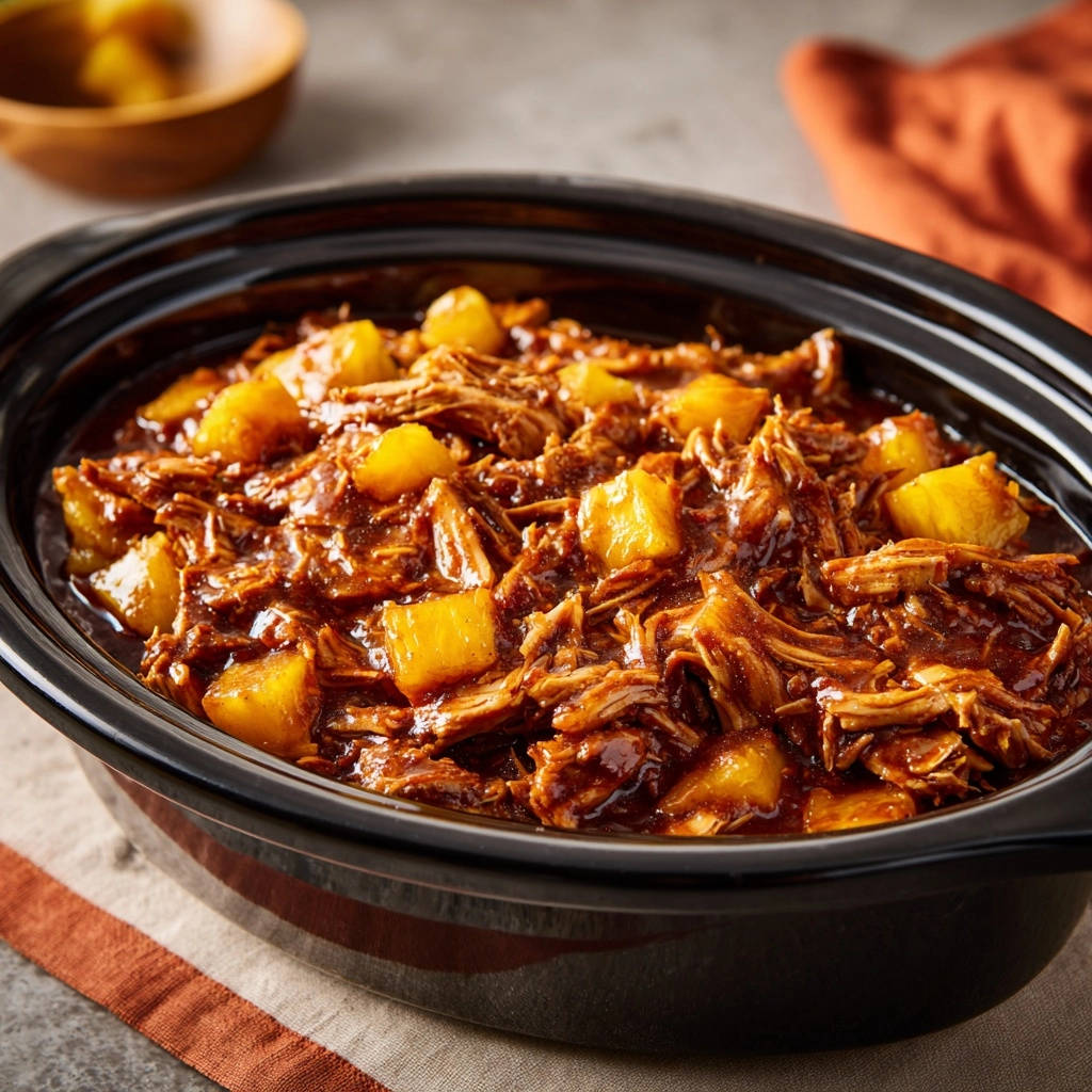 Saftiges BBQ Pulled Hähnchen mit Ananas in einem Slow Cooker, Nahaufnahme der Textur und Fruchtstücke.