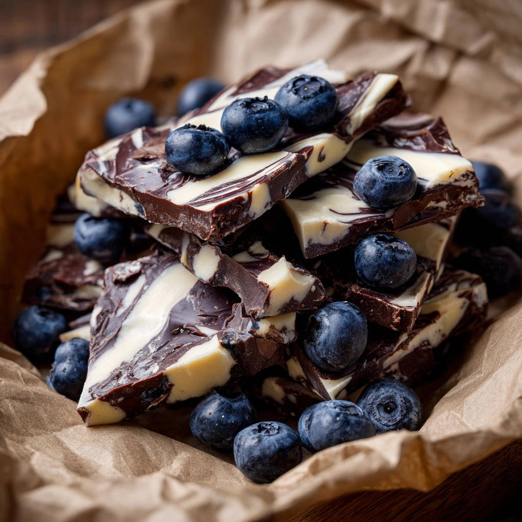Blaubeer-Marmor-Schokoladen-Bark, detailreiche Nahaufnahme der knackigen Textur und der einzelnen Blaubeeren auf zerbrochenen Schokoladenstücken.